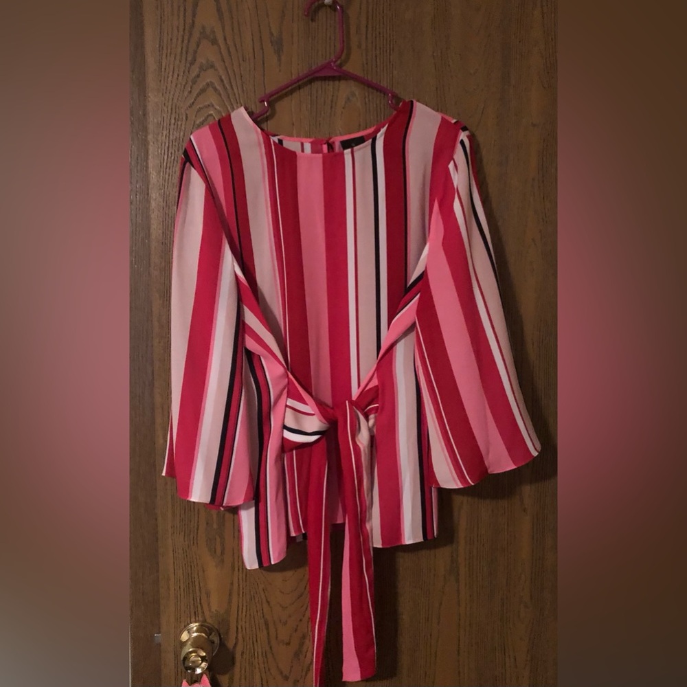 Pink, red and white striped top with wrap around belt